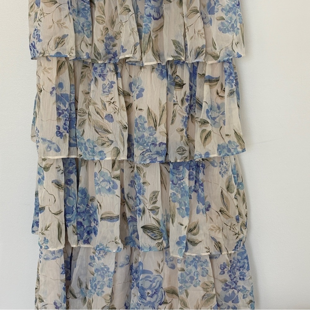 Lulus Arata Beige Blue Floral Cutout Tiered Maxi Dress size XL Sheer Big Florals - Picture 9 of 13